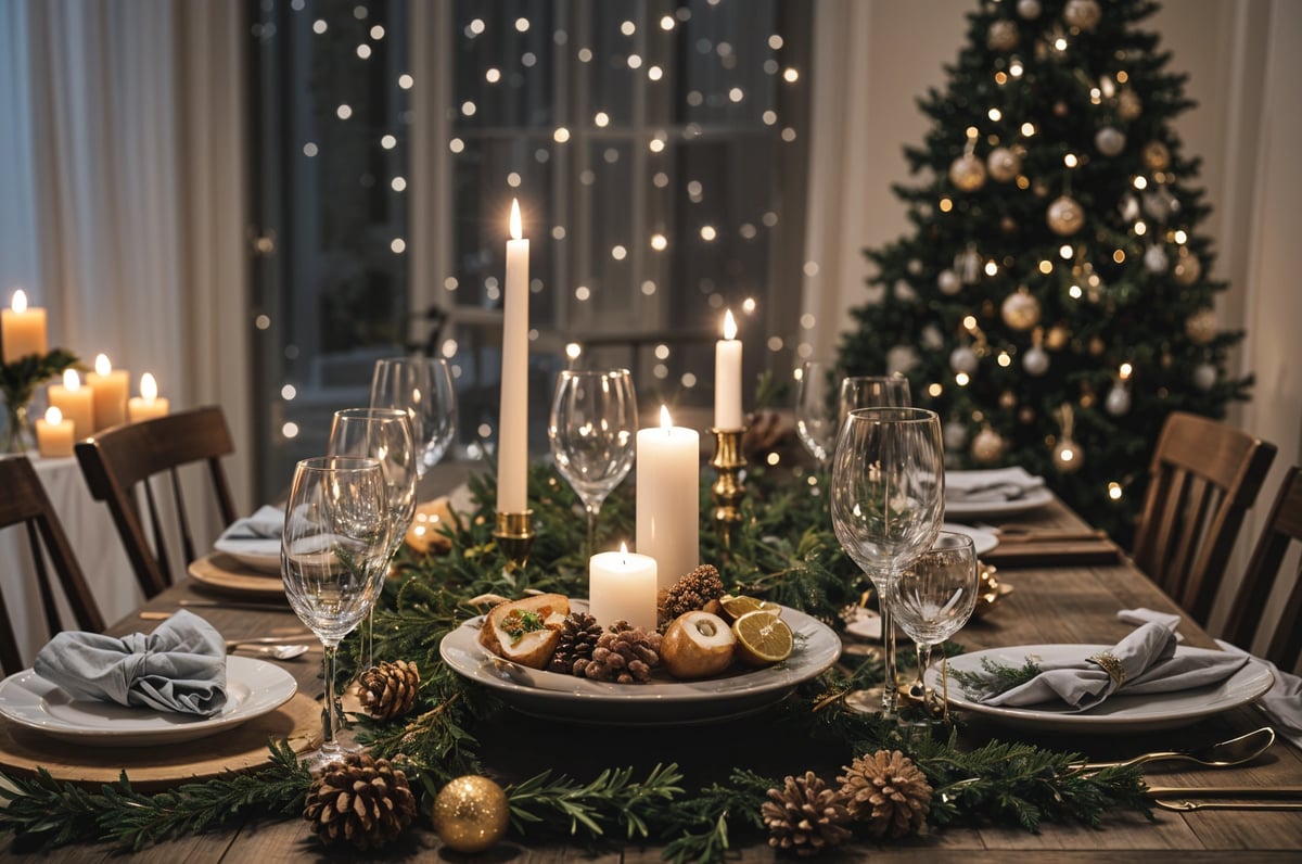 A table set for Christmas dinner with candles and wine glasses. The table is adorned with a Christmas tree and pine cones.
