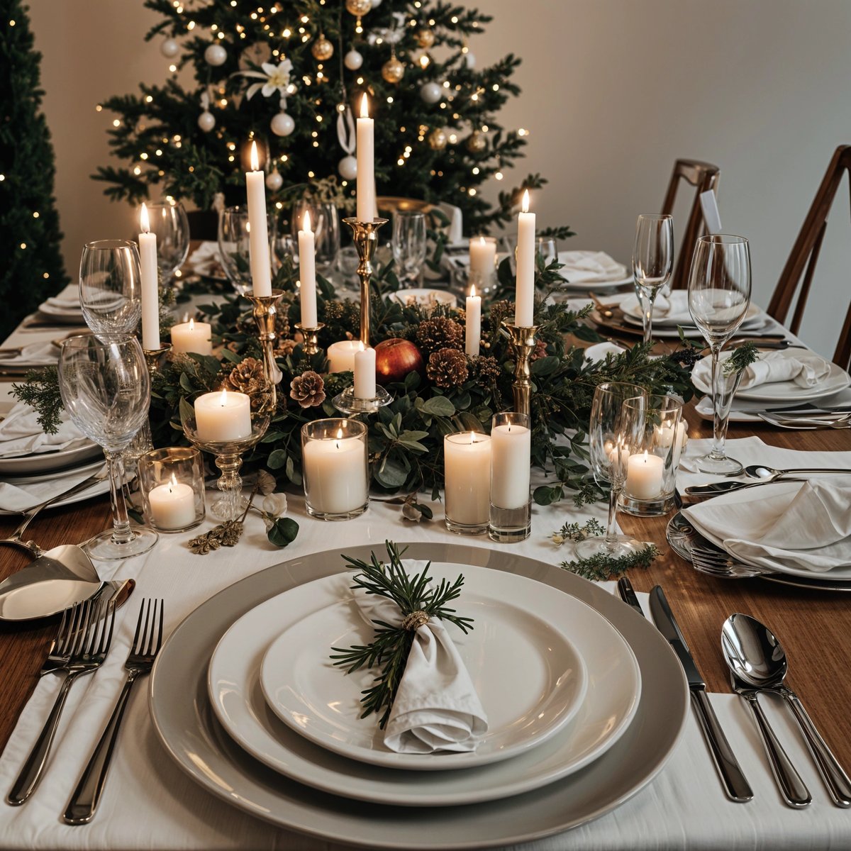 A table set for Christmas dinner with candles and pine branches as a centerpiece.