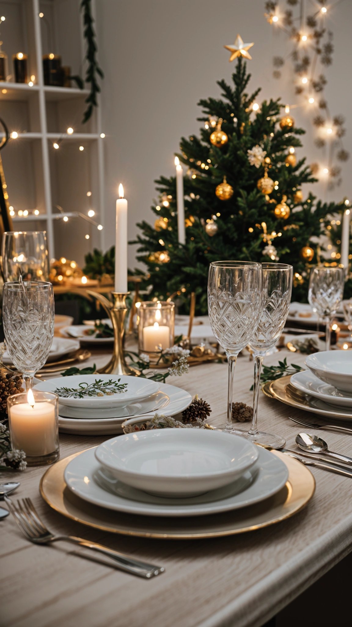 A dinner table set for Christmas with candles, wine glasses, and plates.