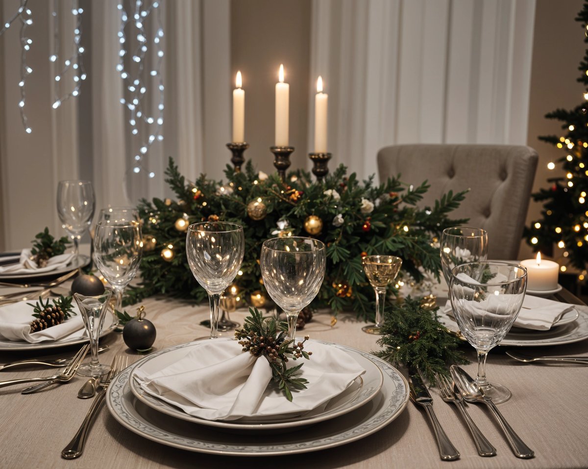 A dinner table set for a holiday dinner with candles, wine glasses, and a centerpiece of pine cones and berries.