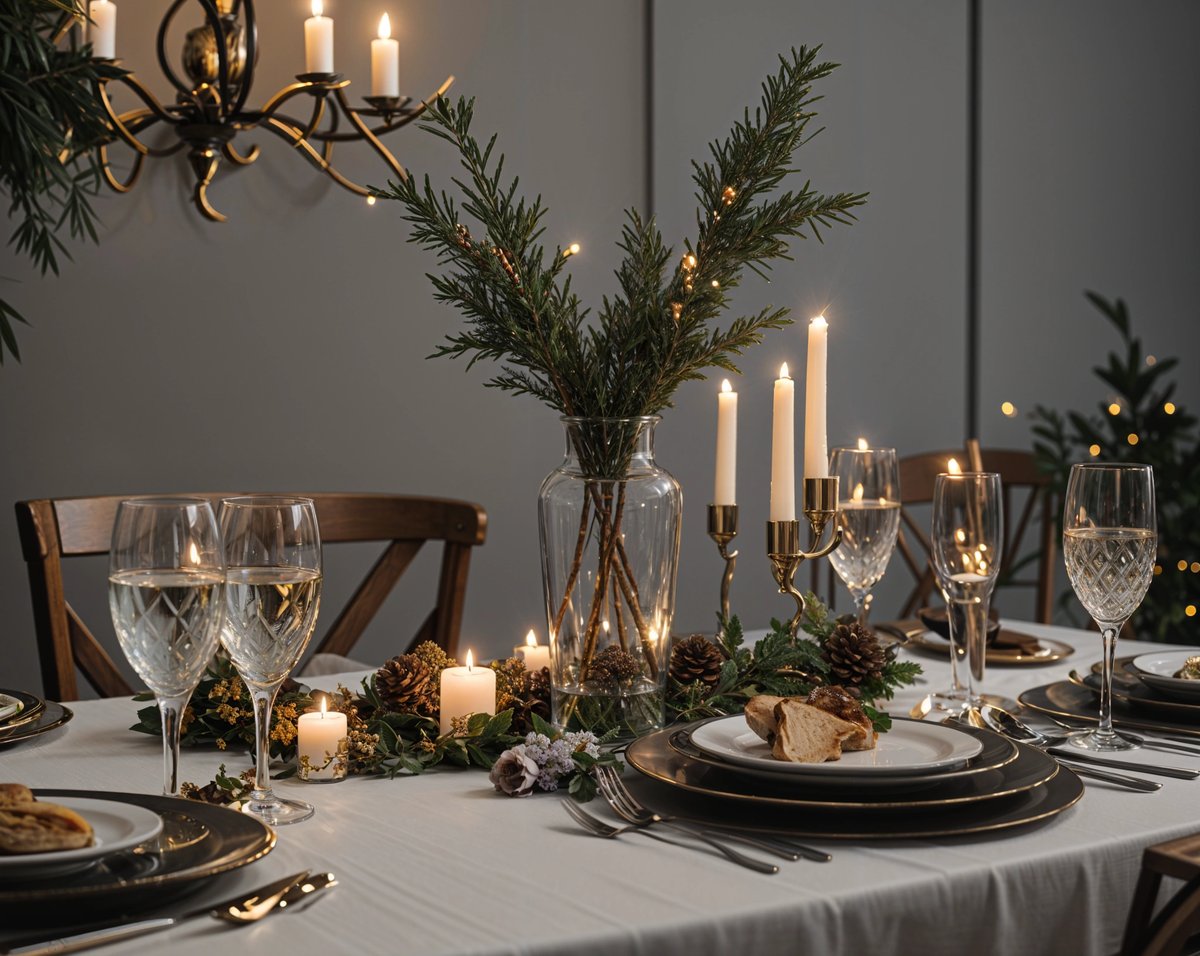 A dinner table set with candles, wine glasses, and a centerpiece of pine branches.