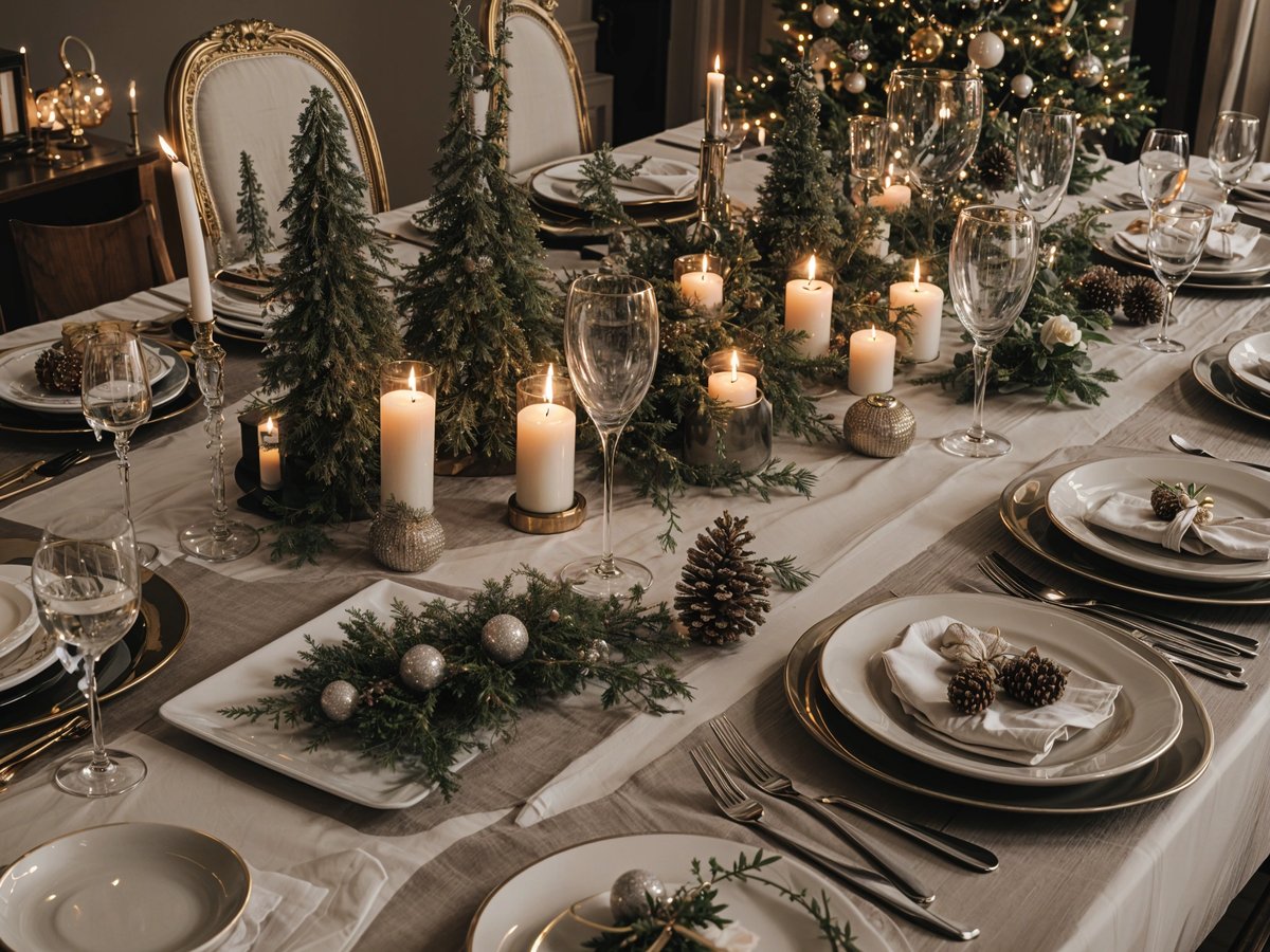 A dinner table set for a holiday meal with candles and pine cones as decorations.