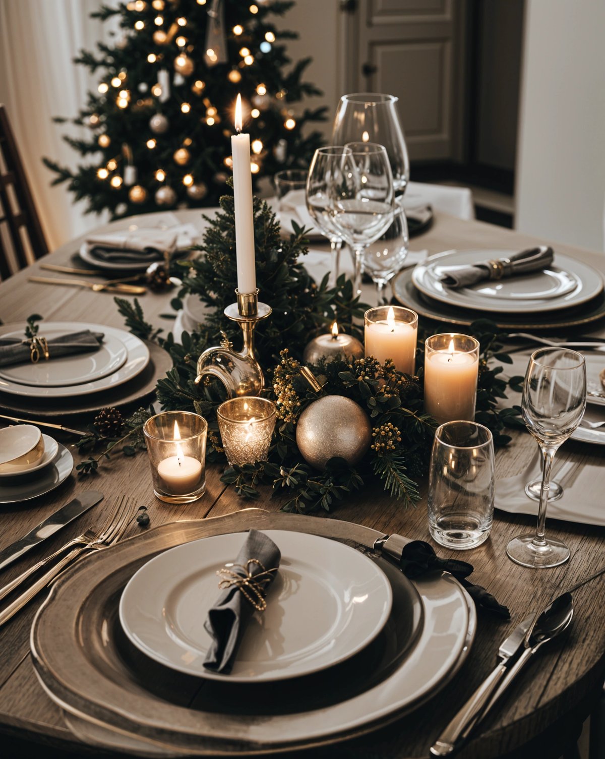 A dinner table set for a festive meal with candles and wine glasses. The table is adorned with a centerpiece of pine cones and ornaments.