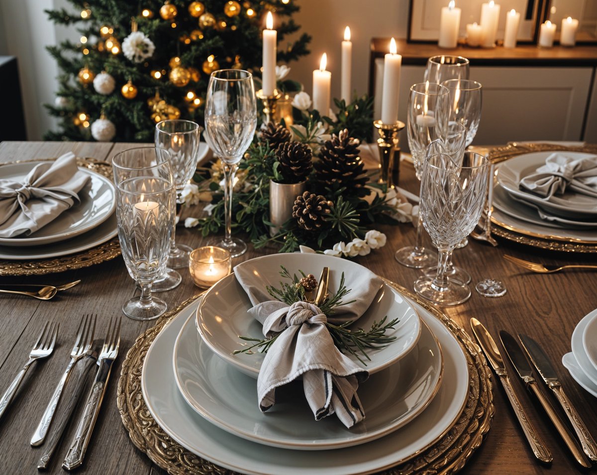 A fancy dinner table set for Christmas with candles, wine glasses, and a bowl of food.