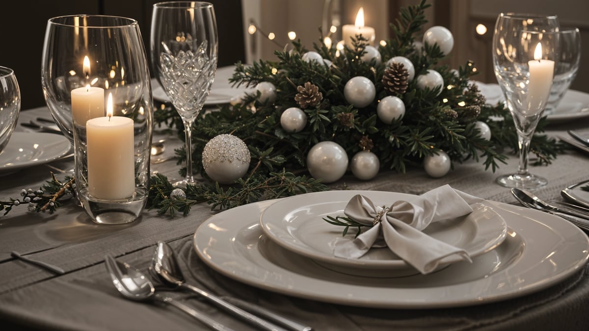 A dinner table set for Christmas with candles, a pine tree, and a bowl of ornaments.