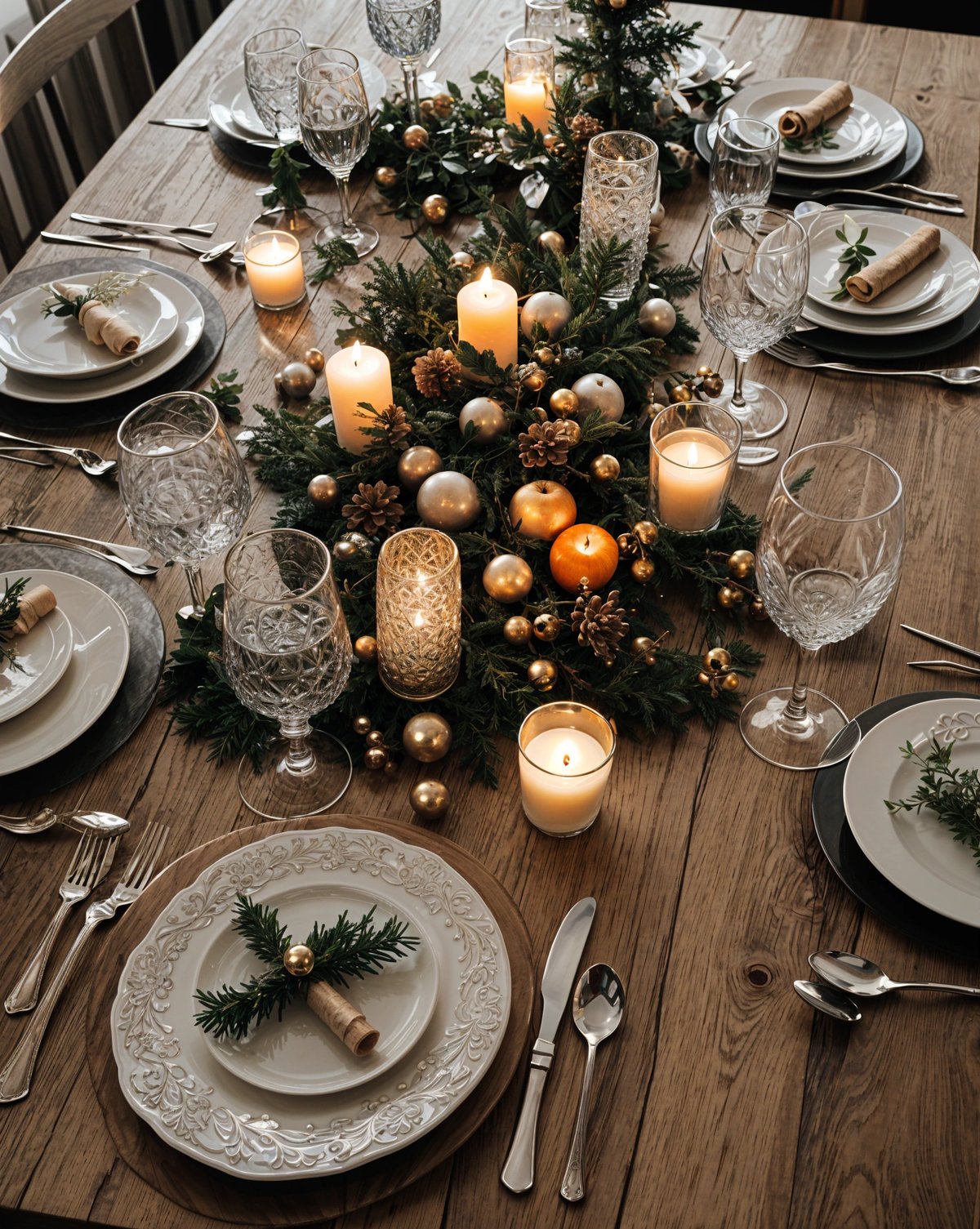 A dinner table set for a holiday meal, featuring candles, wine glasses, and plates. The centerpiece is a beautiful arrangement of candles and ornaments, creating a warm and inviting atmosphere.