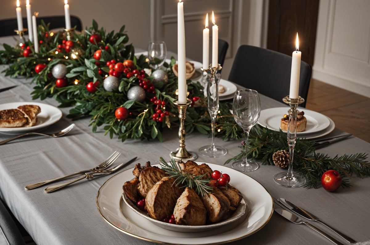 A dinner table set for a holiday meal with candles and a centerpiece of red berries.