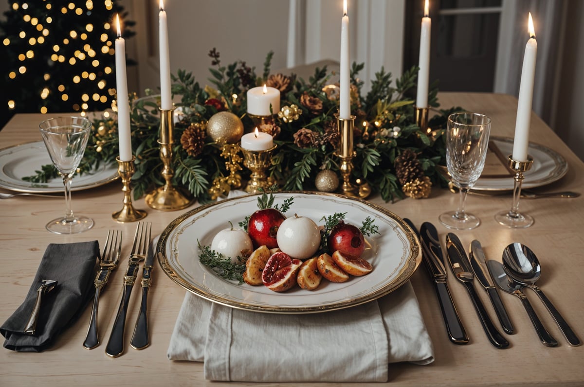 A fancy dinner table with a plate of food and candles.