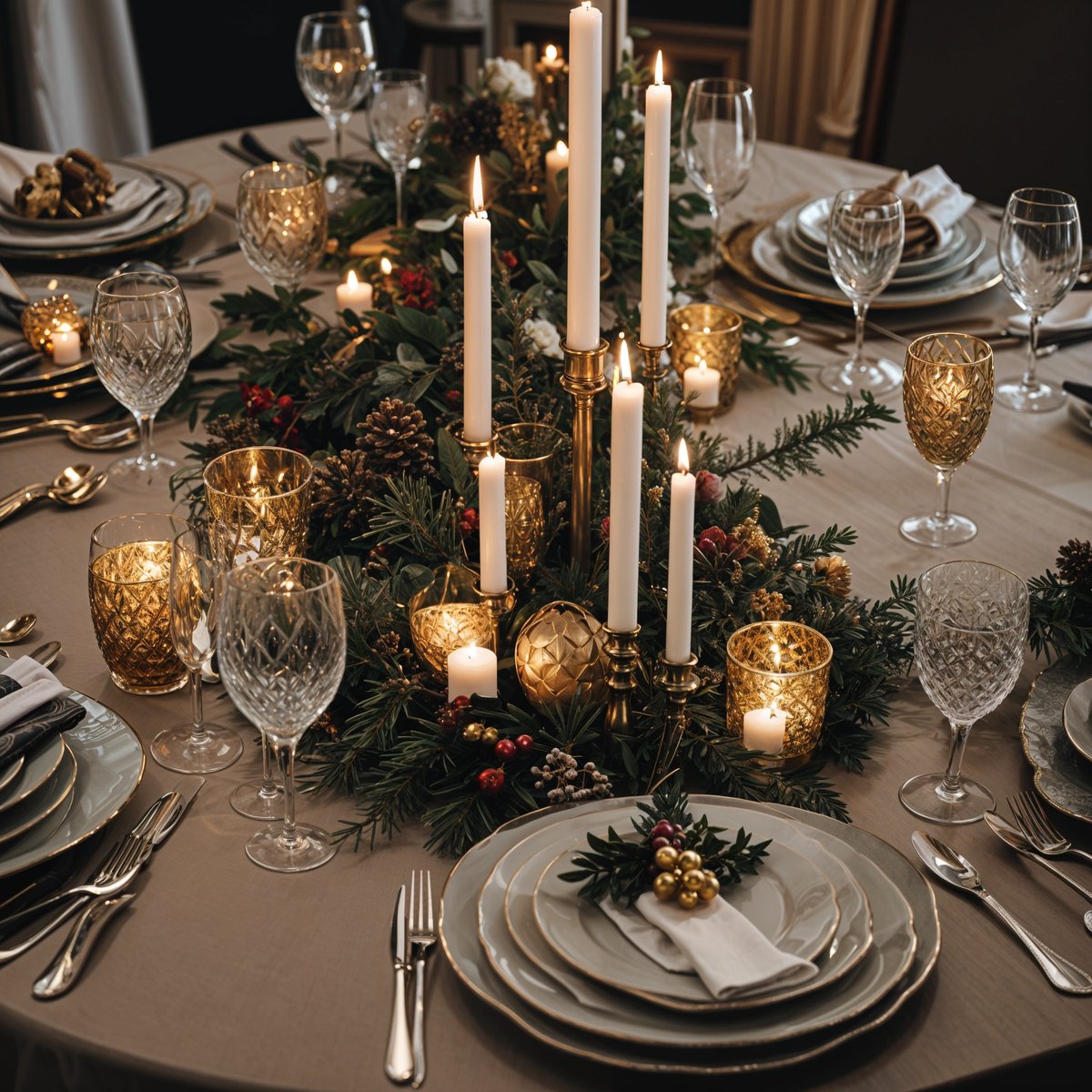 A fancy dinner table with candles and greenery as a centerpiece.