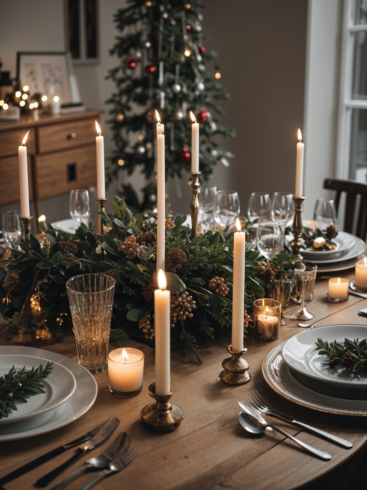 A dinner table set for Christmas with candles and a tree in the background.