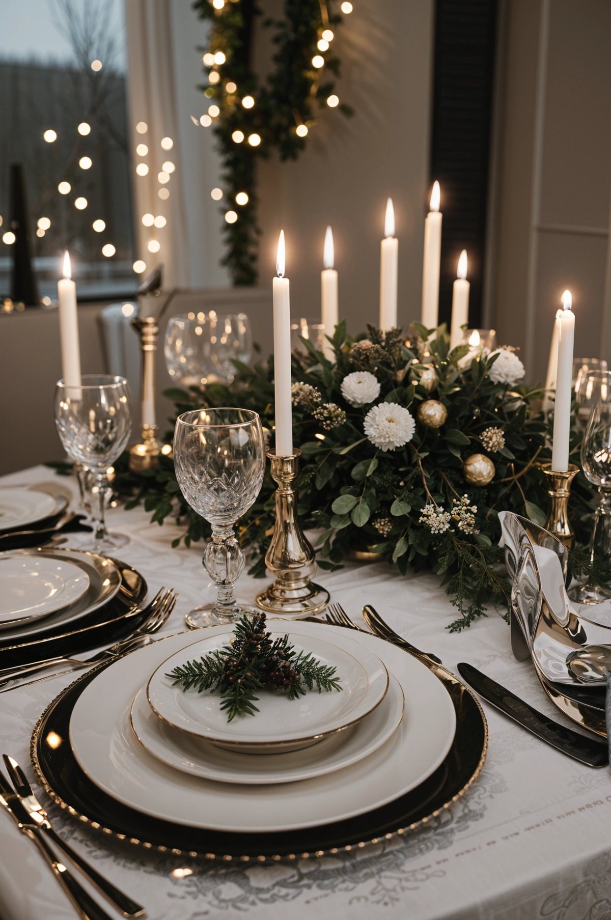 A dinner table set with candles and flowers, ready for a special dinner.
