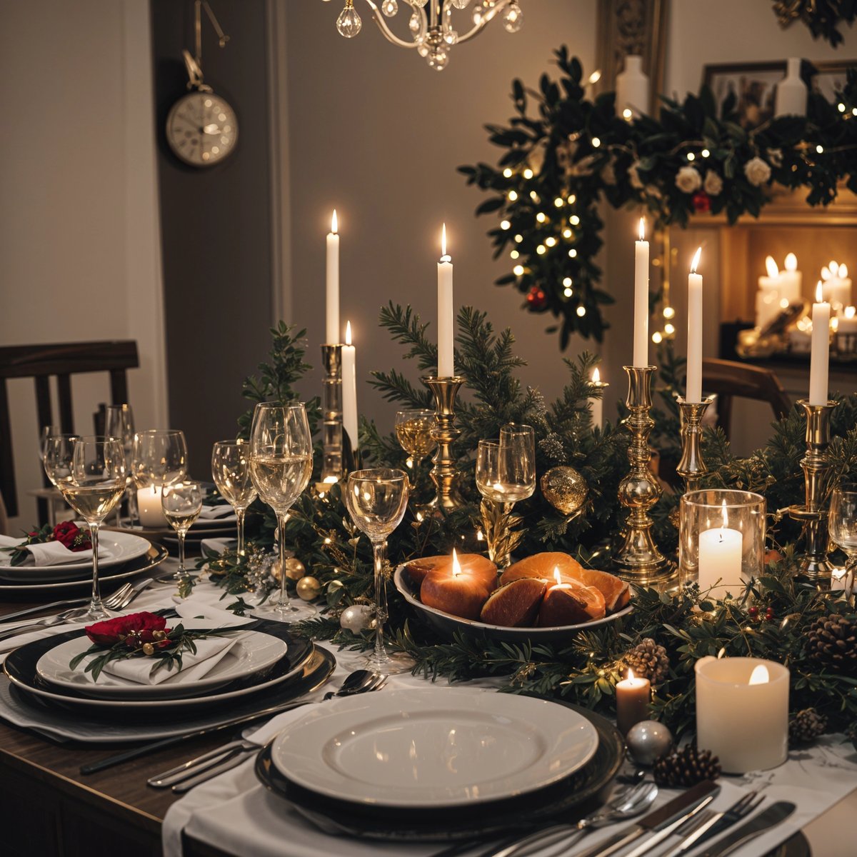 A Christmas dinner table set with candles, wine glasses, and a bowl of fruit. The table is adorned with a beautiful centerpiece and is set for a festive meal.