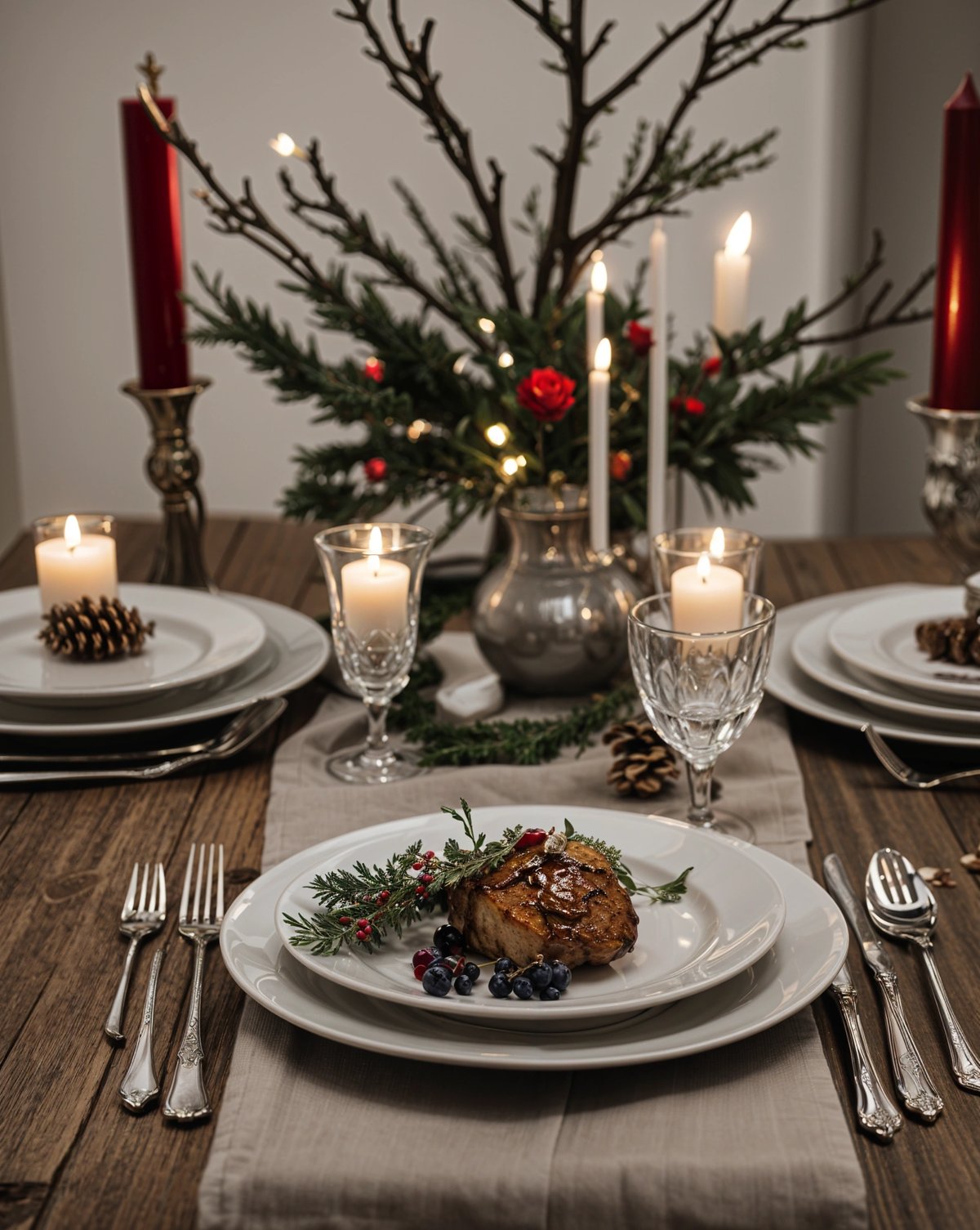 A dinner table set for a holiday meal with a centerpiece of pine cones and berries. The table is set with plates, silverware, and candles.