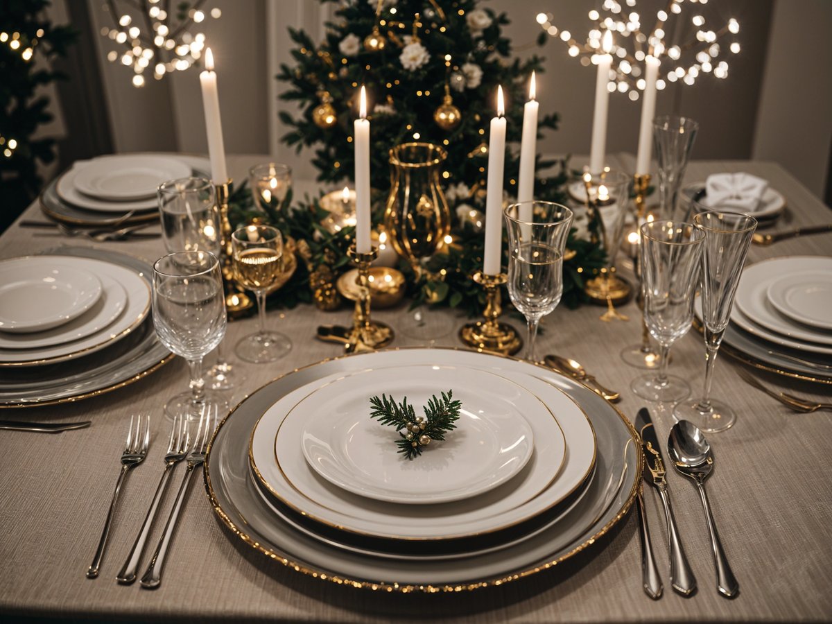 A dinner table set for Christmas with a white plate in the center, a gold rimmed vase with candles, and a Christmas tree in the background. The table is set with gold plates, silverware, and wine glasses.