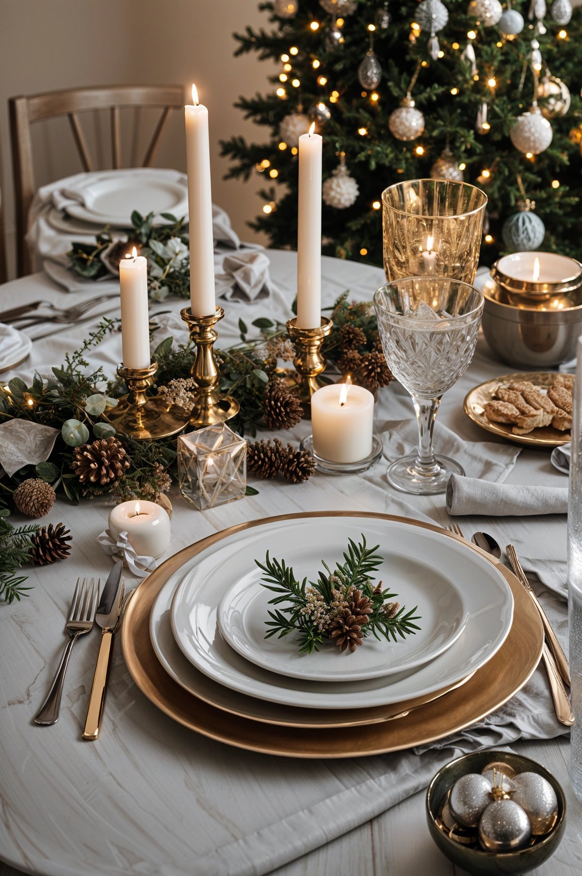 Fancy dinner table with candles and pine cones centerpiece
