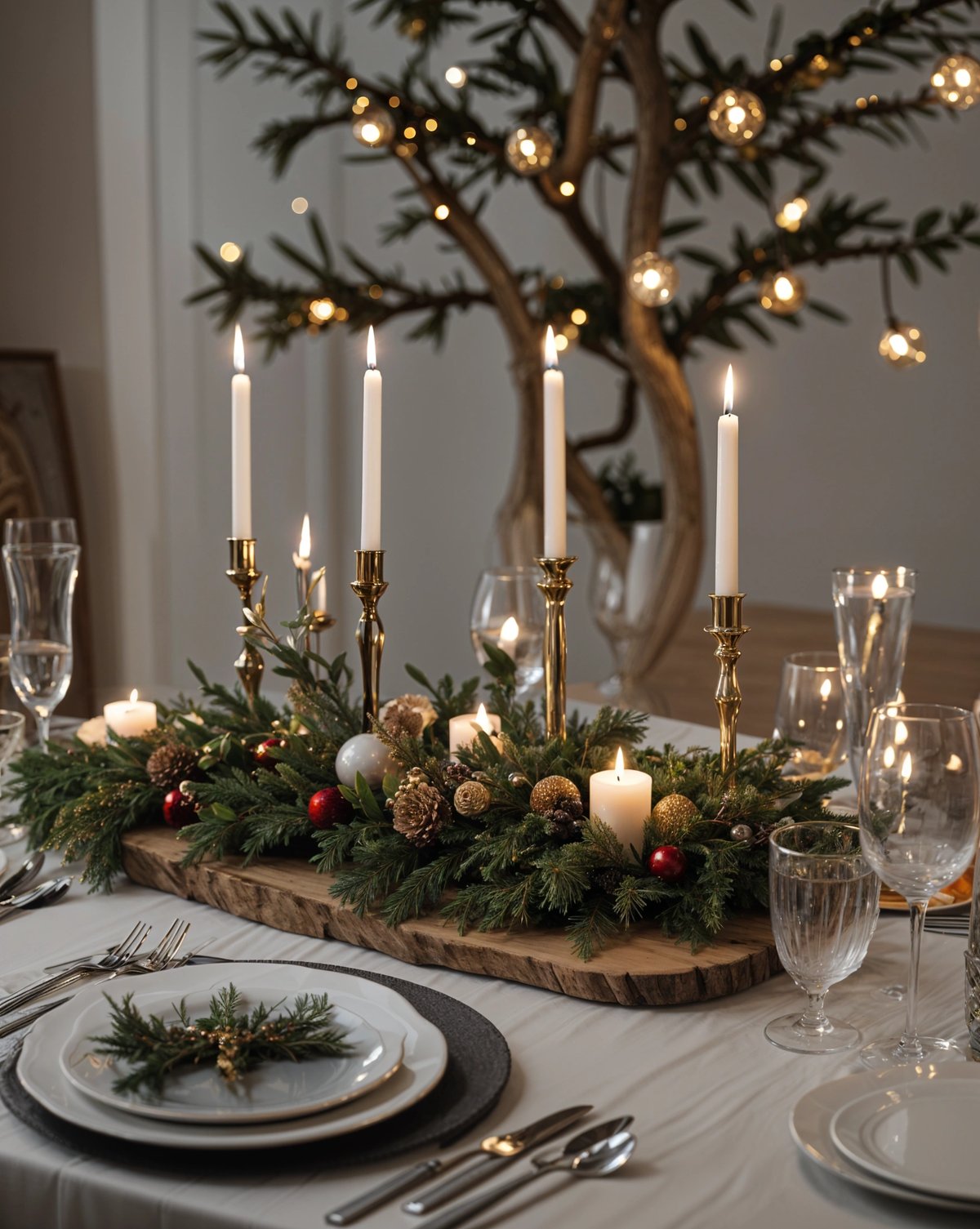 A table set with candles and a pine branch centerpiece