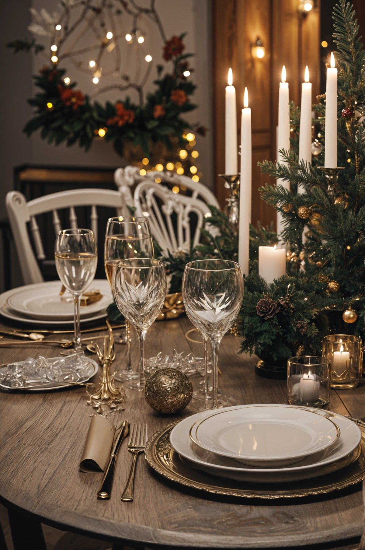 A dinner table set with candles, wine glasses, and a Christmas tree in the background. The table is adorned with gold accents and features a white tablecloth.