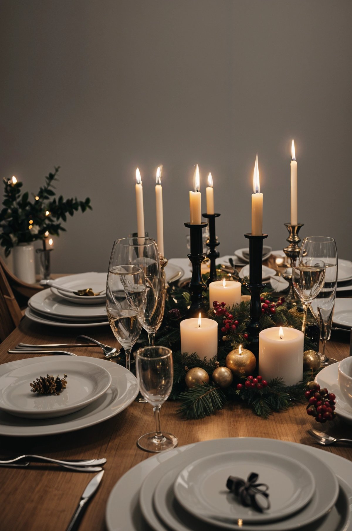 A dinner table set with candles and wine glasses, creating a warm and inviting atmosphere for a holiday meal.