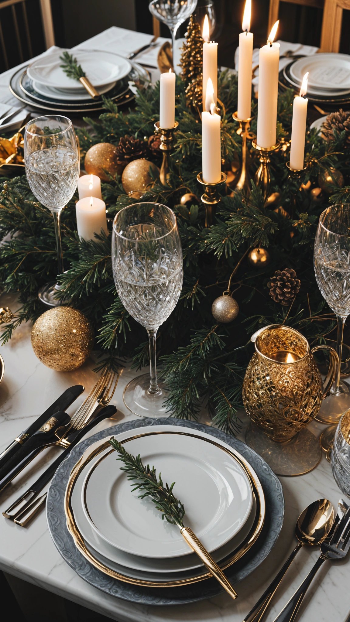 A table set for Christmas dinner with gold and white plates, gold and silverware, and candles. The table is decorated with pine needles and ornaments. The tableware includes wine glasses, a pitcher, and a vase.