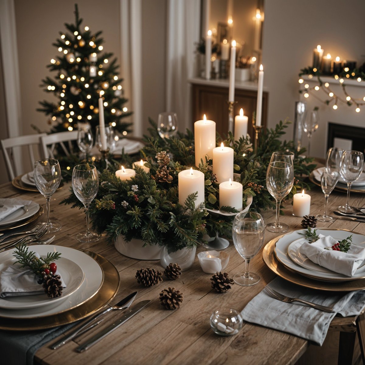 A dinner table set for a holiday dinner with candles and wine glasses. The table is adorned with pine cones and berries.