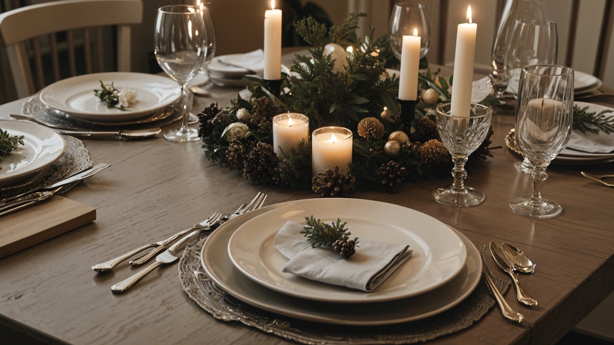 A dinner table with a white plate, napkin, and candles. The table is set for a fancy dinner with a beautiful centerpiece. The candles are lit, creating a warm and inviting atmosphere.