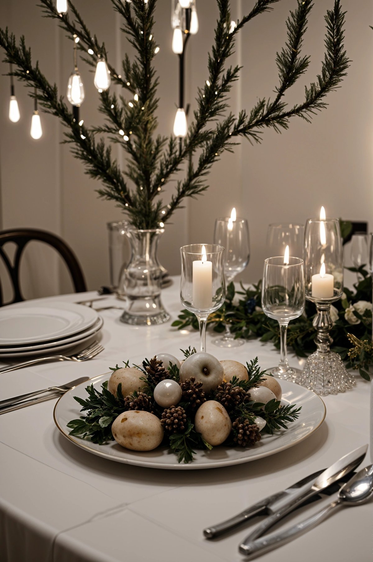 A dinner table with candles and a plate of food. The table is set for a romantic dinner for two.