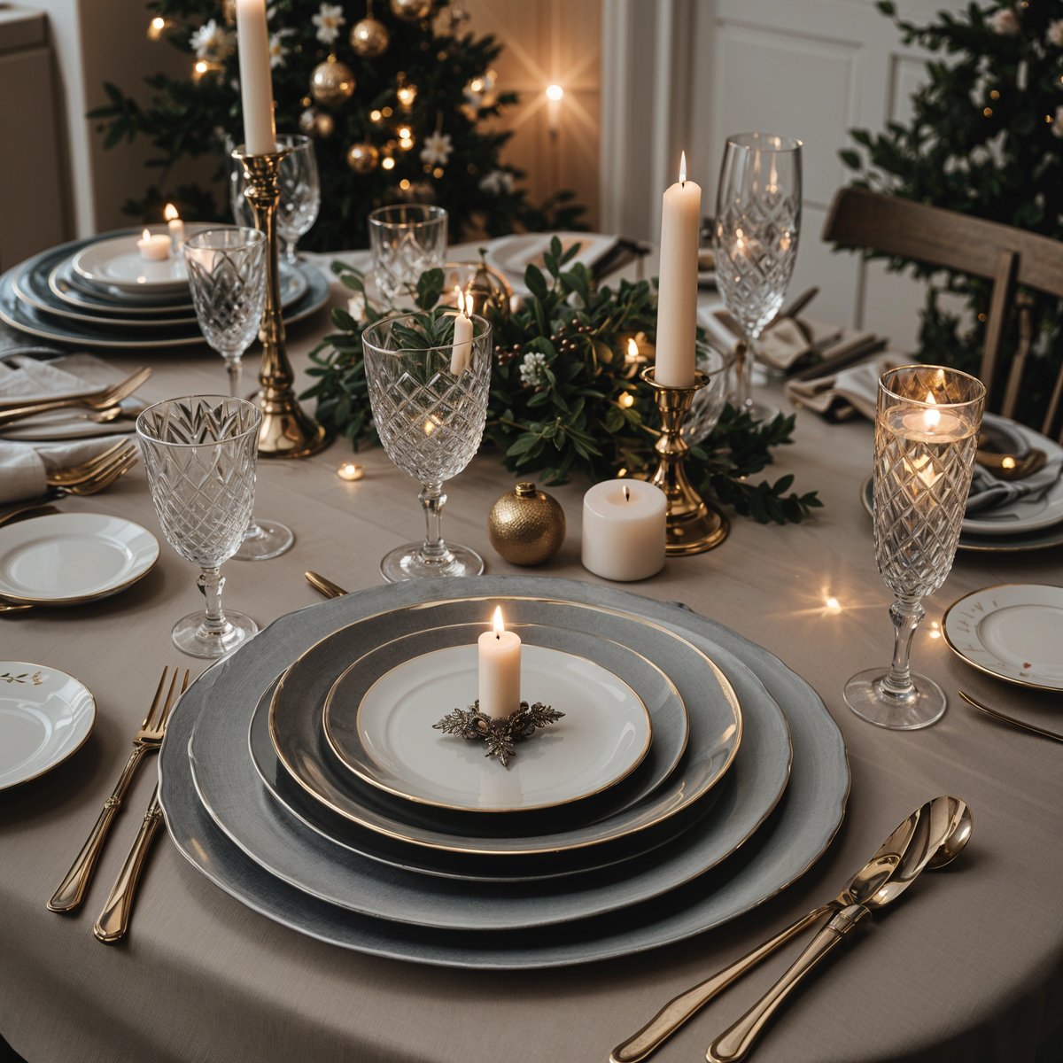A dinner table set for a holiday celebration with candles and wine glasses.