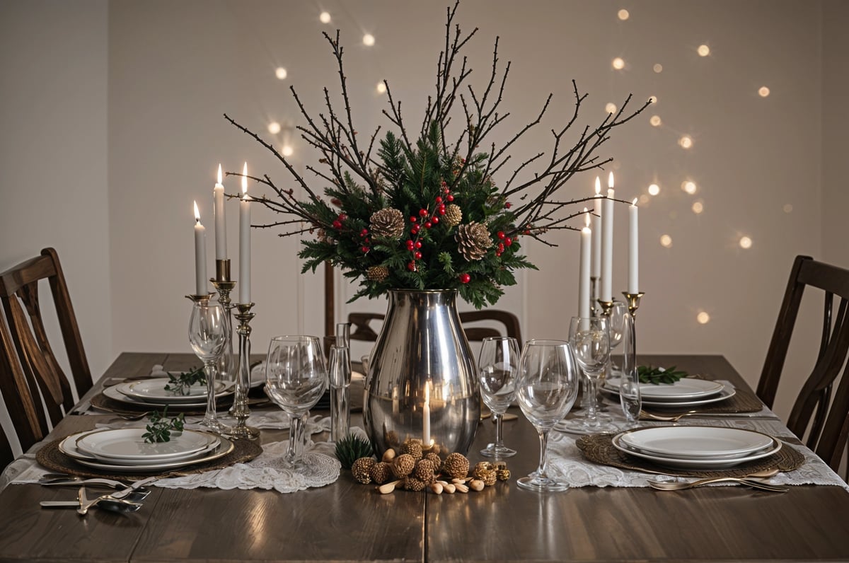 A table set for a fancy dinner with a vase of flowers and candles in the center. The table is adorned with wine glasses and plates, creating an elegant atmosphere for a special occasion.