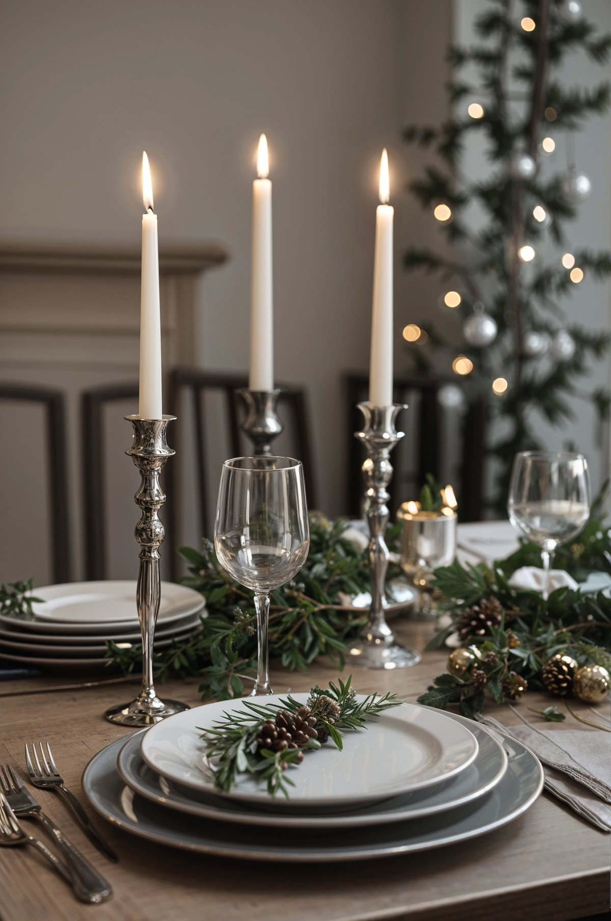 A dinner table set for a holiday meal with candles, wine glasses, and pine cones as decorations.