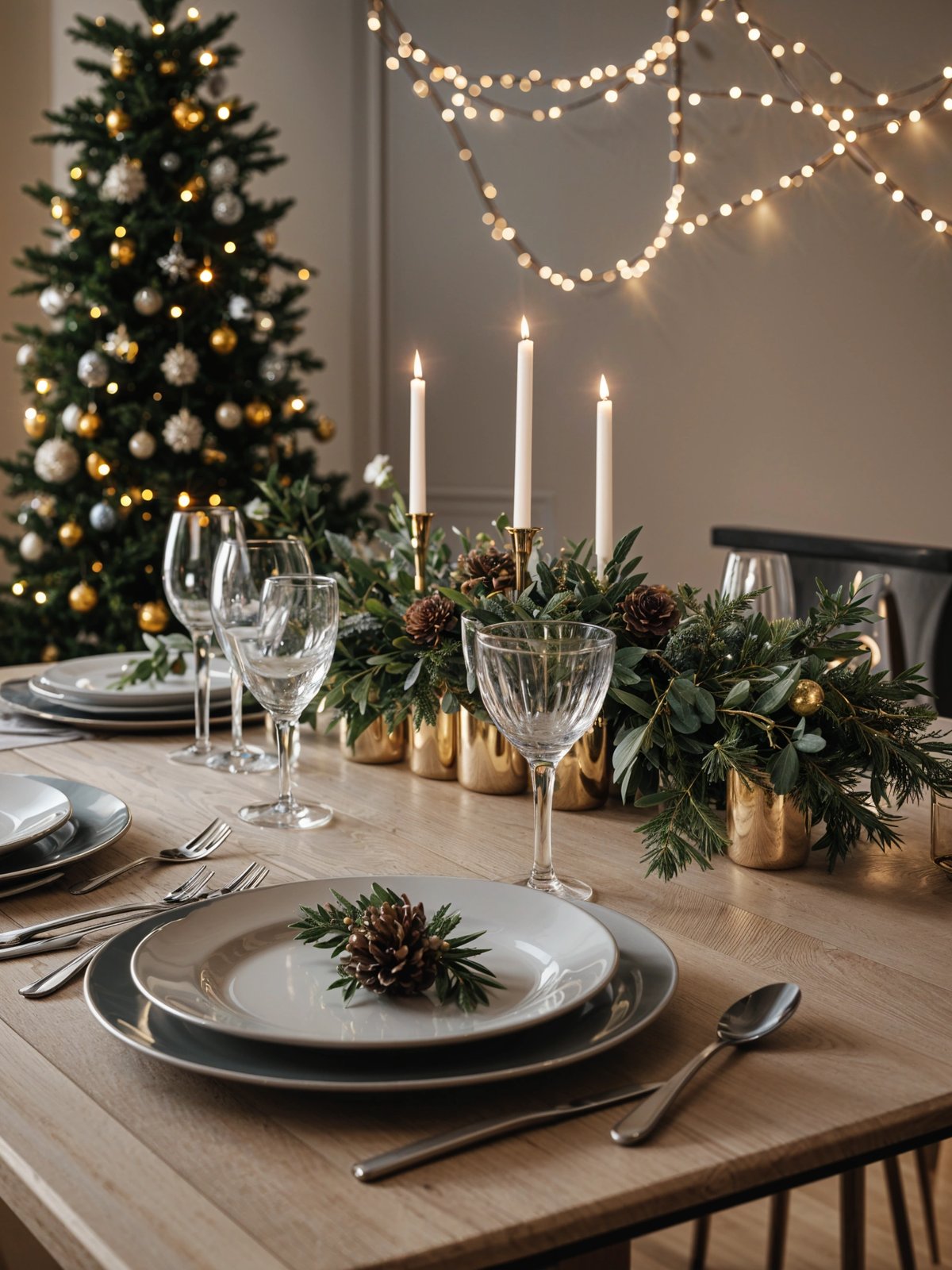 A table set for a fancy Christmas dinner with a beautiful centerpiece of pine cones and gold accents. The table is set with wine glasses, candles, and plates.