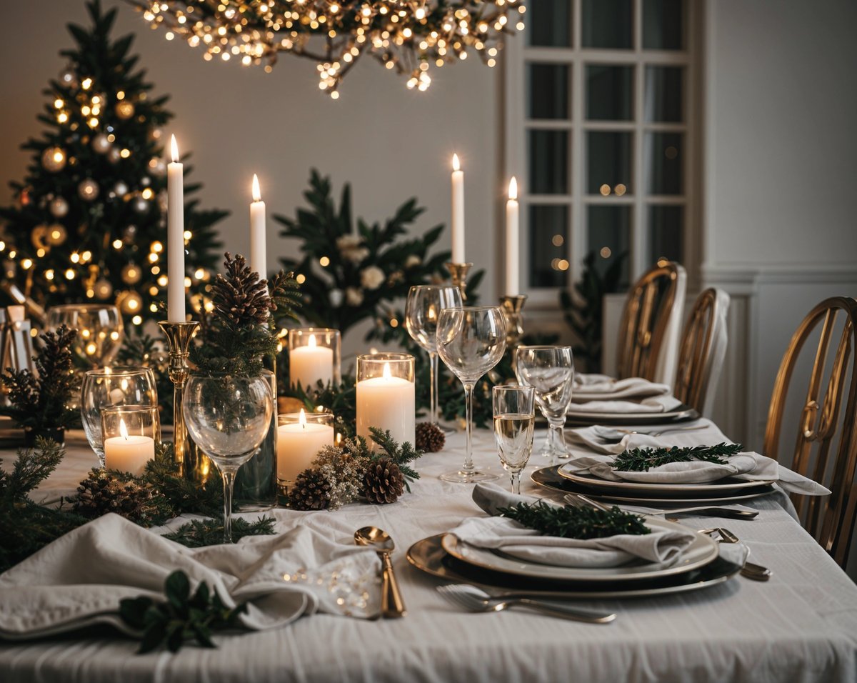 A dinner table set for Christmas with candles and wine glasses.