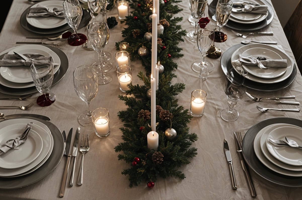 A table set for a holiday dinner with candles and a garland. The table is adorned with a white tablecloth and silverware.