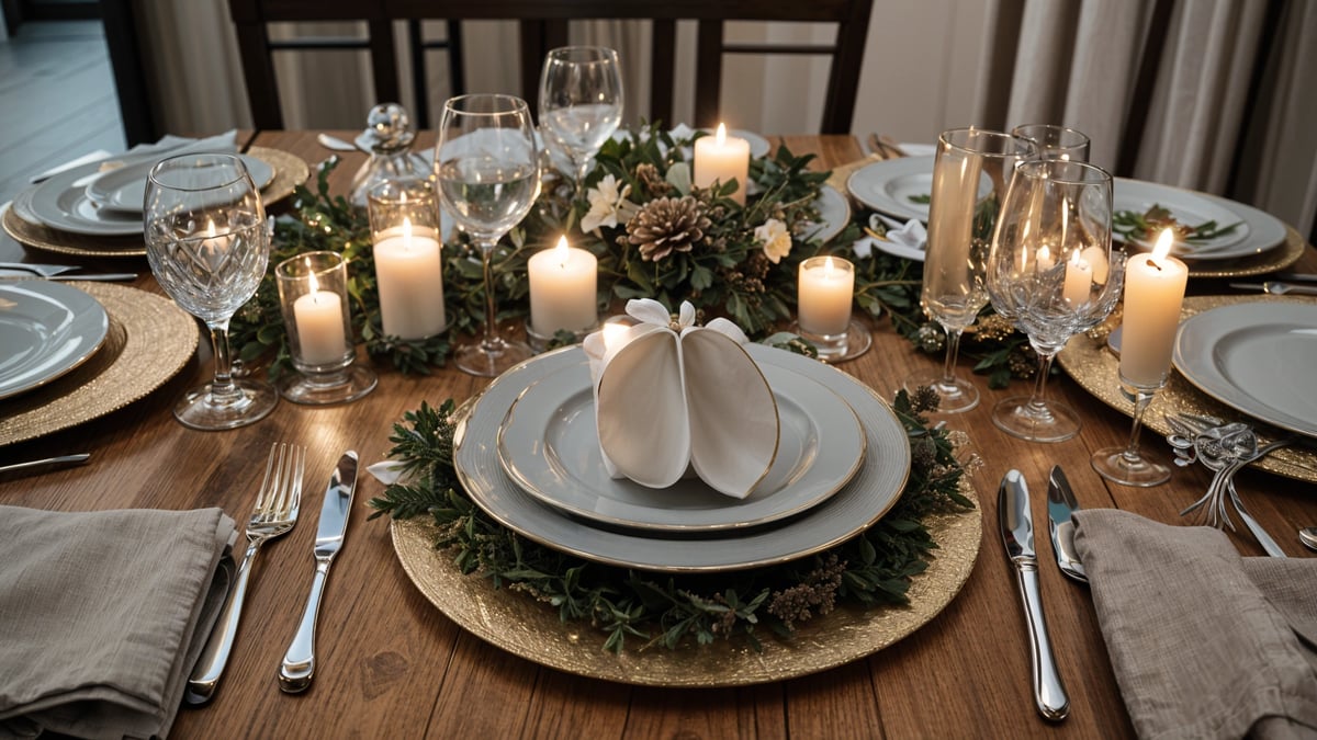 A fancy dinner table with a white plate, candles, and a centerpiece. The table is set for a fancy dinner with wine glasses, forks, and knives.