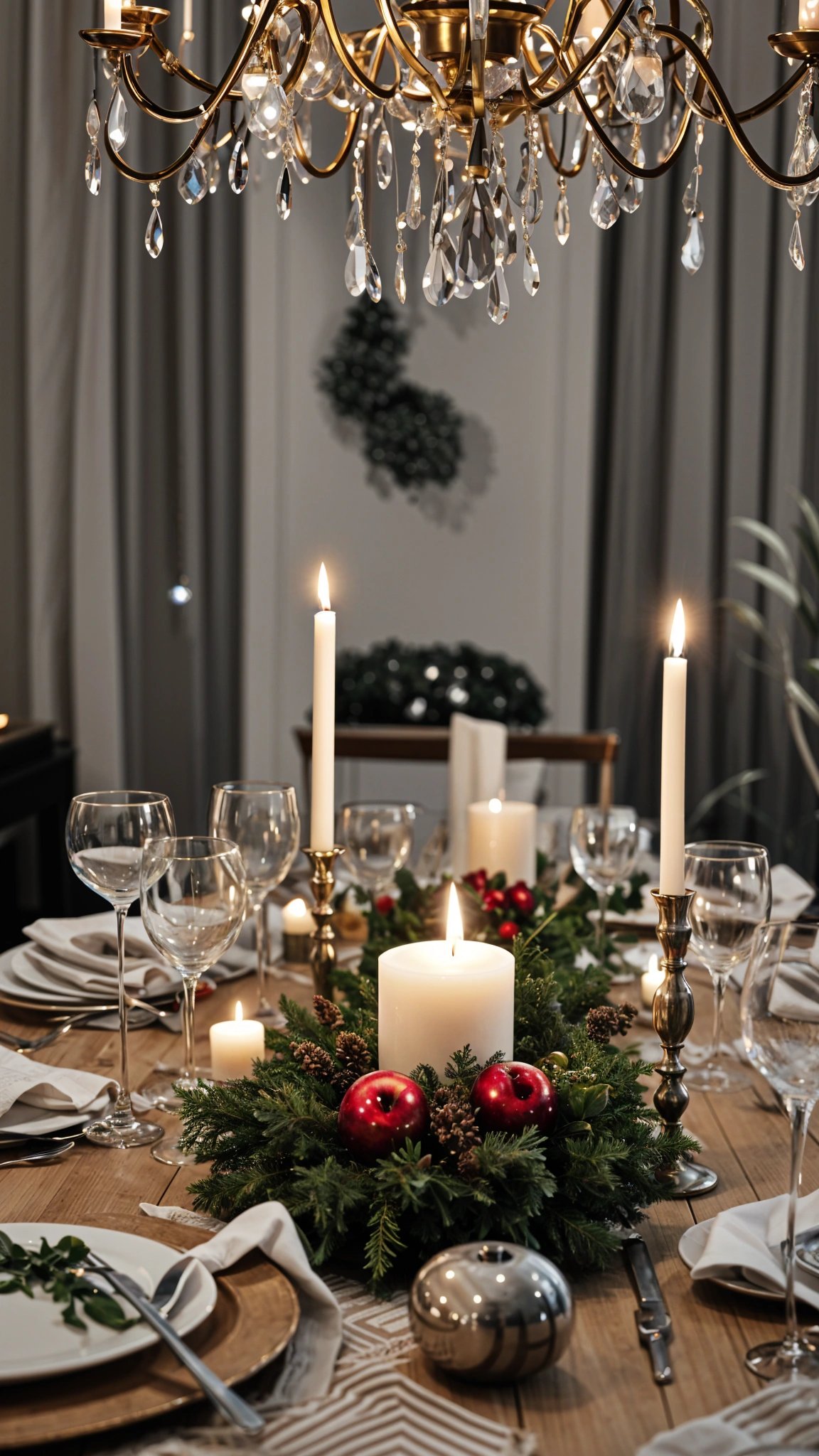 A dinner table set with candles and a centerpiece of pine cones and berries.
