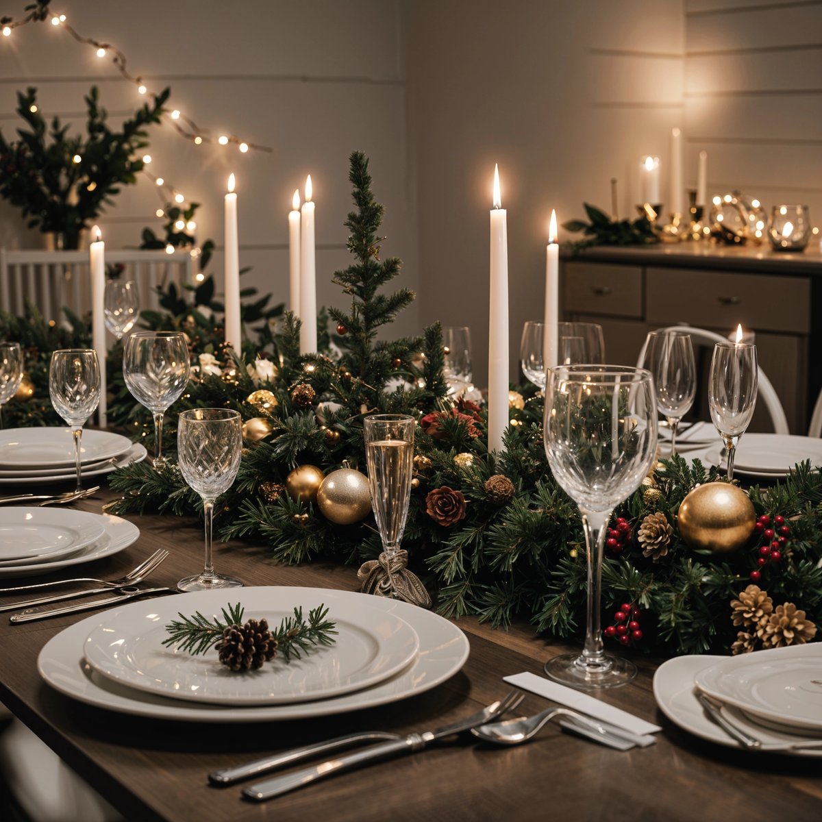 A dinner table set with candles and holly decorations
