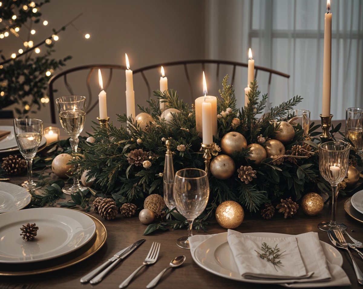 A dinner table set with candles and gold ornaments. The table is set for a holiday meal.