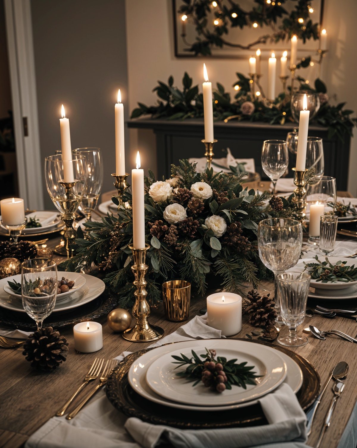 A dinner table set for two with candles and flowers in the center.