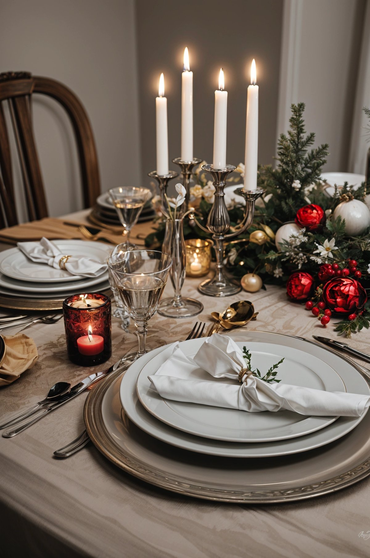 A fancy dinner table with a Christmas tree centerpiece and candles.