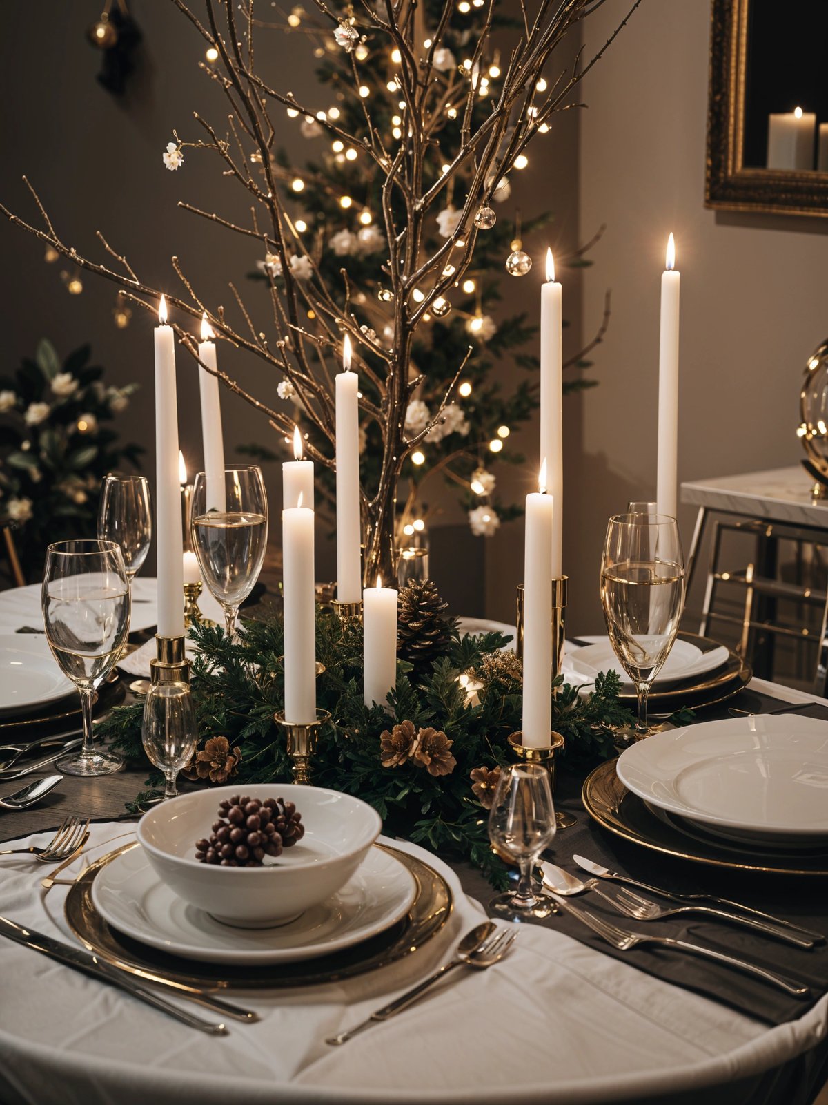 A fancy dinner table with candles, wine glasses, and a bowl of chocolates. The table is set for a romantic dinner for two.