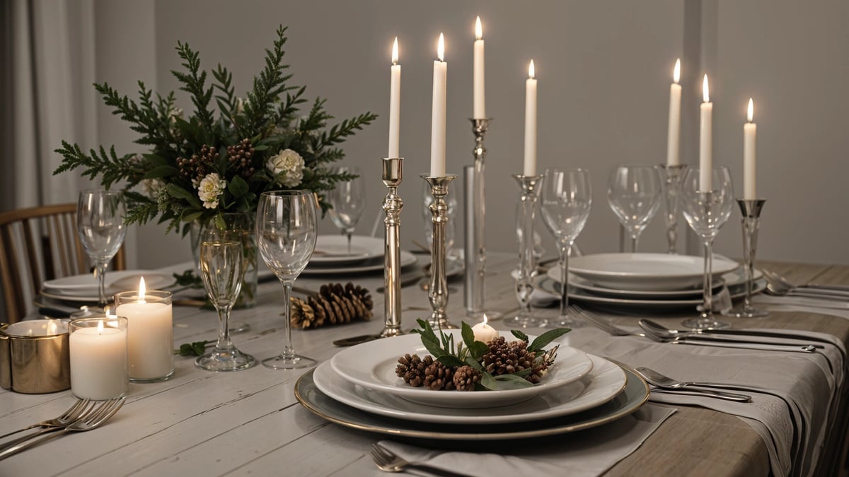 A dinner table with candles and pine cones as a centerpiece.