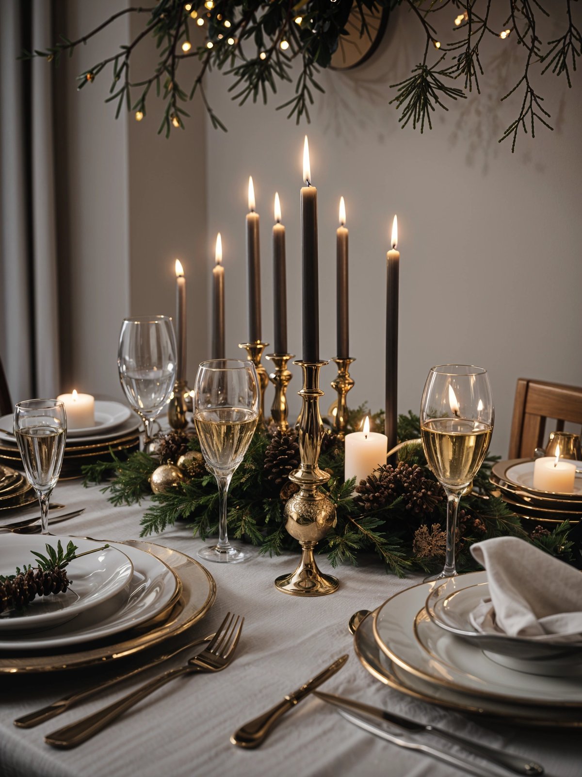 A dinner table set with candles, wine glasses, and a centerpiece of pine cones and greenery. The table is adorned with gold plates and silverware, creating an elegant and festive atmosphere.