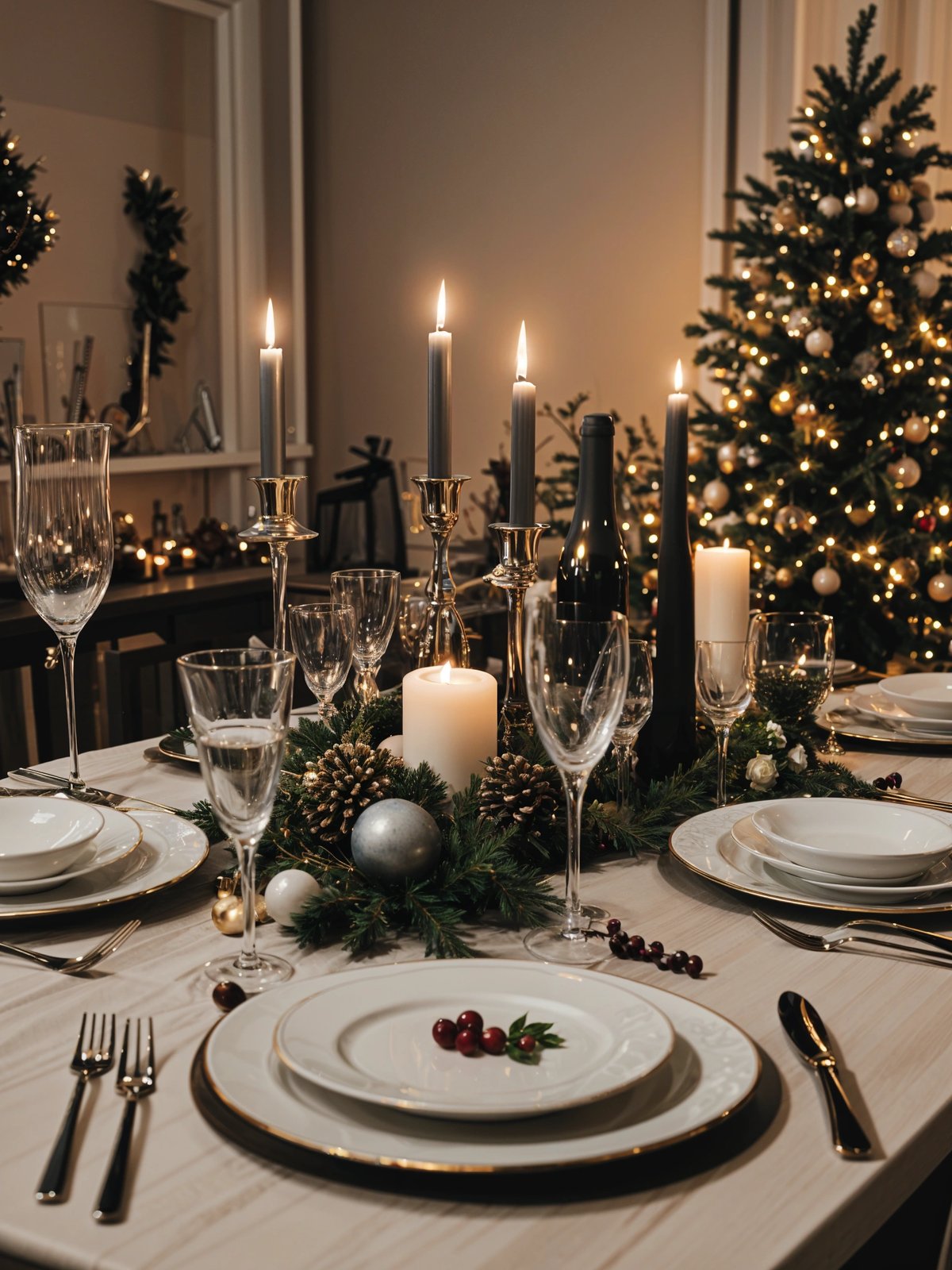A table set for Christmas dinner with candles, wine glasses, and a Christmas tree in the background.