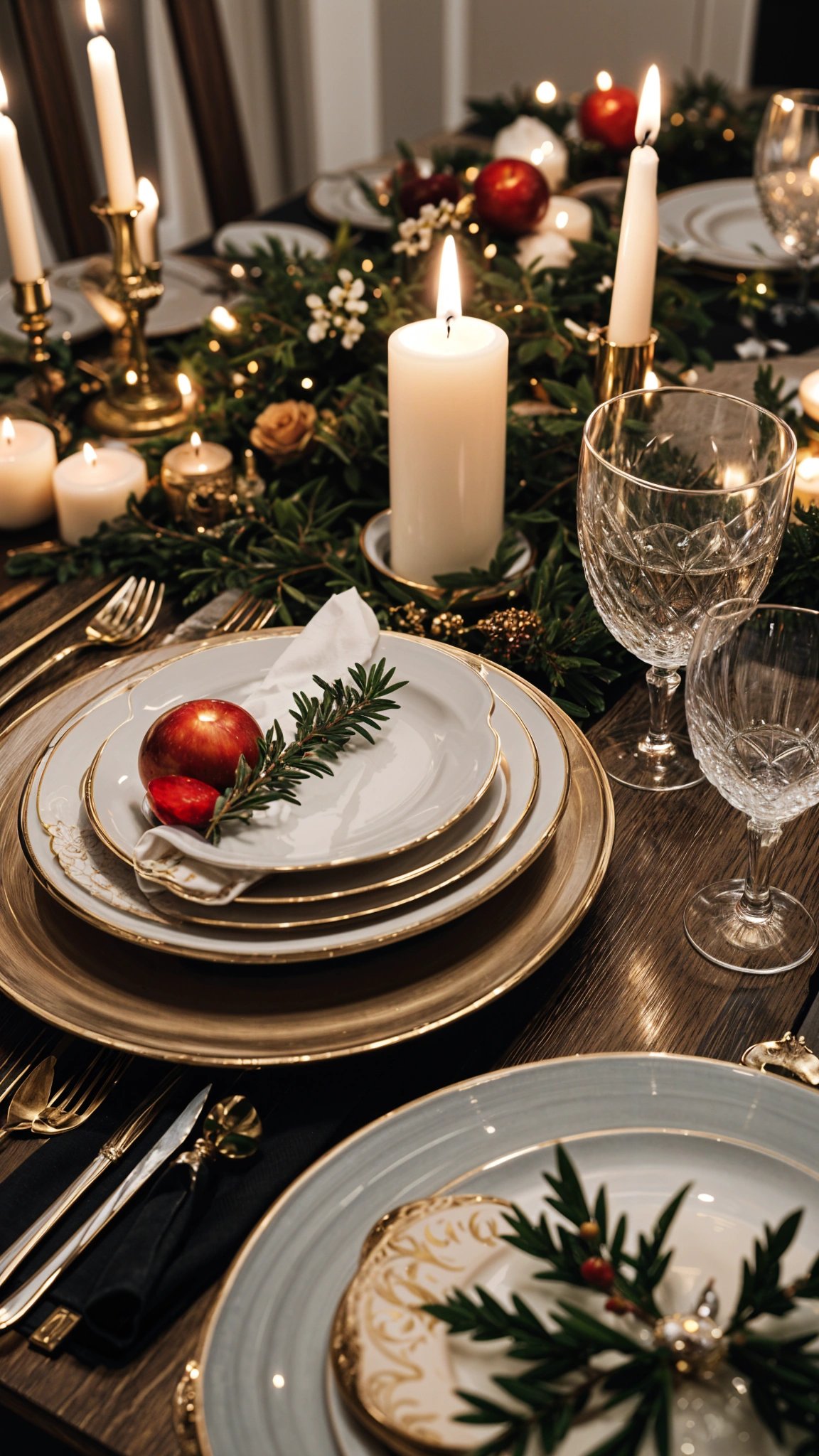 A fancy dinner table with candles, wine glasses, and gold rimmed plates.