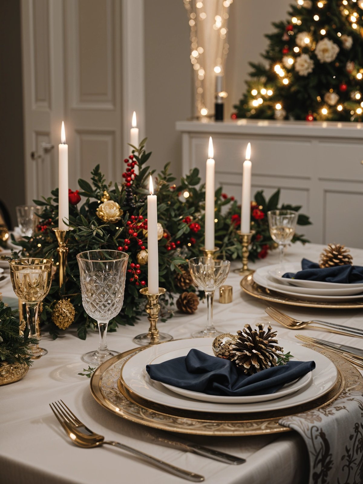 A fancy dinner table set for a holiday dinner. The table is adorned with candles, decorations, and a table runner.