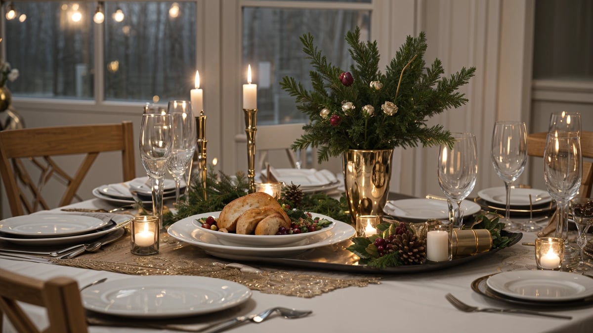 A dinner table set for a festive meal, featuring a gold vase, candles, and a white plate of food.
