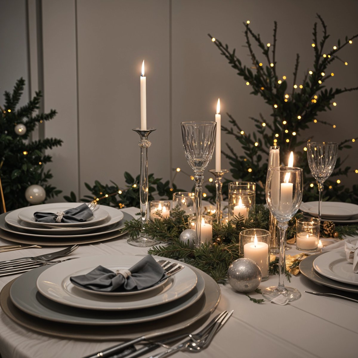 A table set for a fancy dinner with candles and glasses. The table is adorned with a white tablecloth and the tableware is elegant.