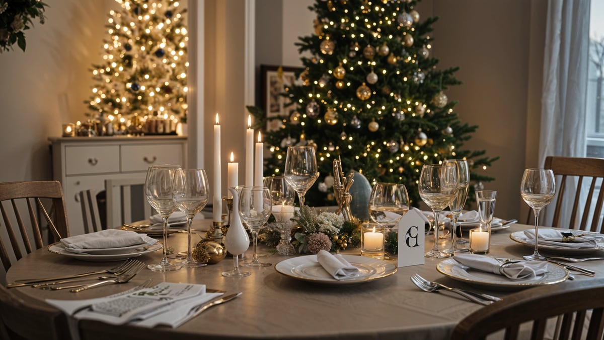 A dinner table set for Christmas with a beautifully decorated Christmas tree in the background. The table is set with wine glasses, candles, and a centerpiece.
