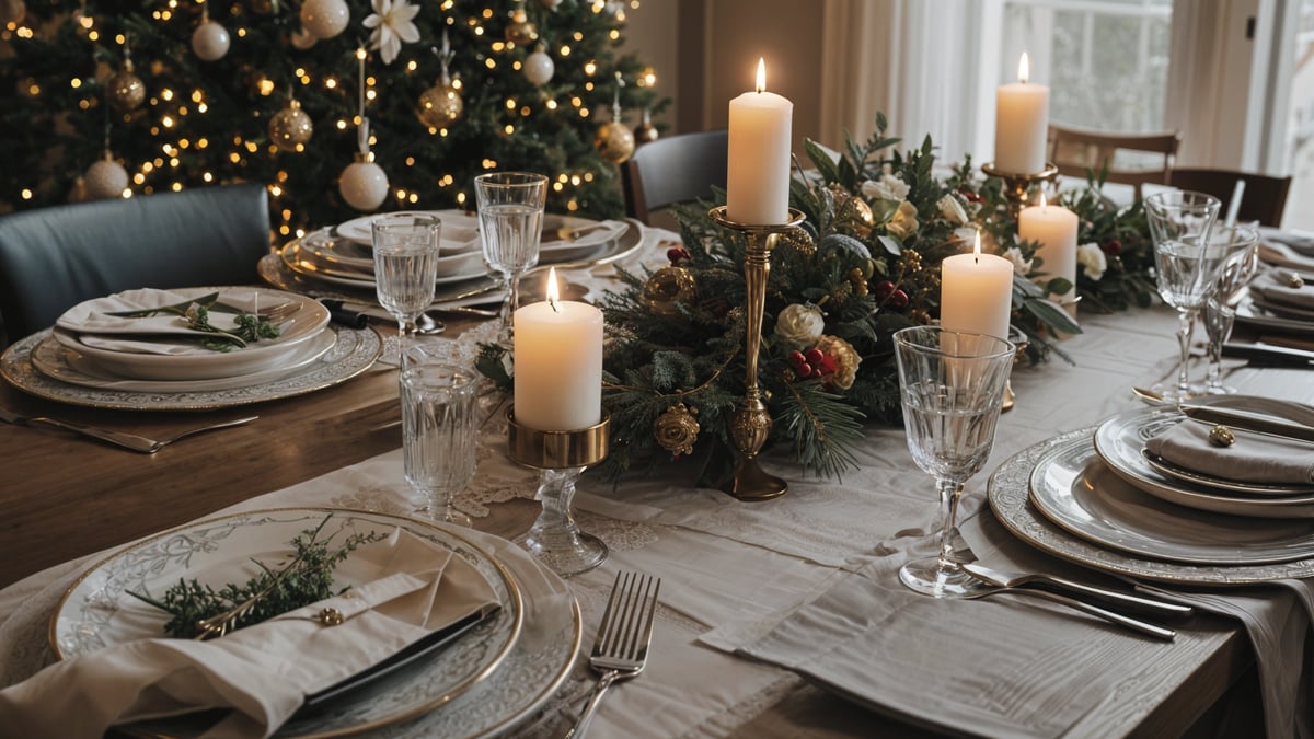 A table set for Christmas dinner with candles, plates, and glasses.