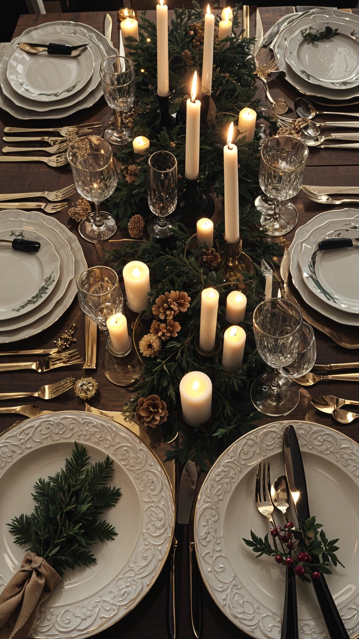 A table set for a fancy dinner with candles and plates. The table is set with goldware and the candles are lit, creating a warm and inviting atmosphere.