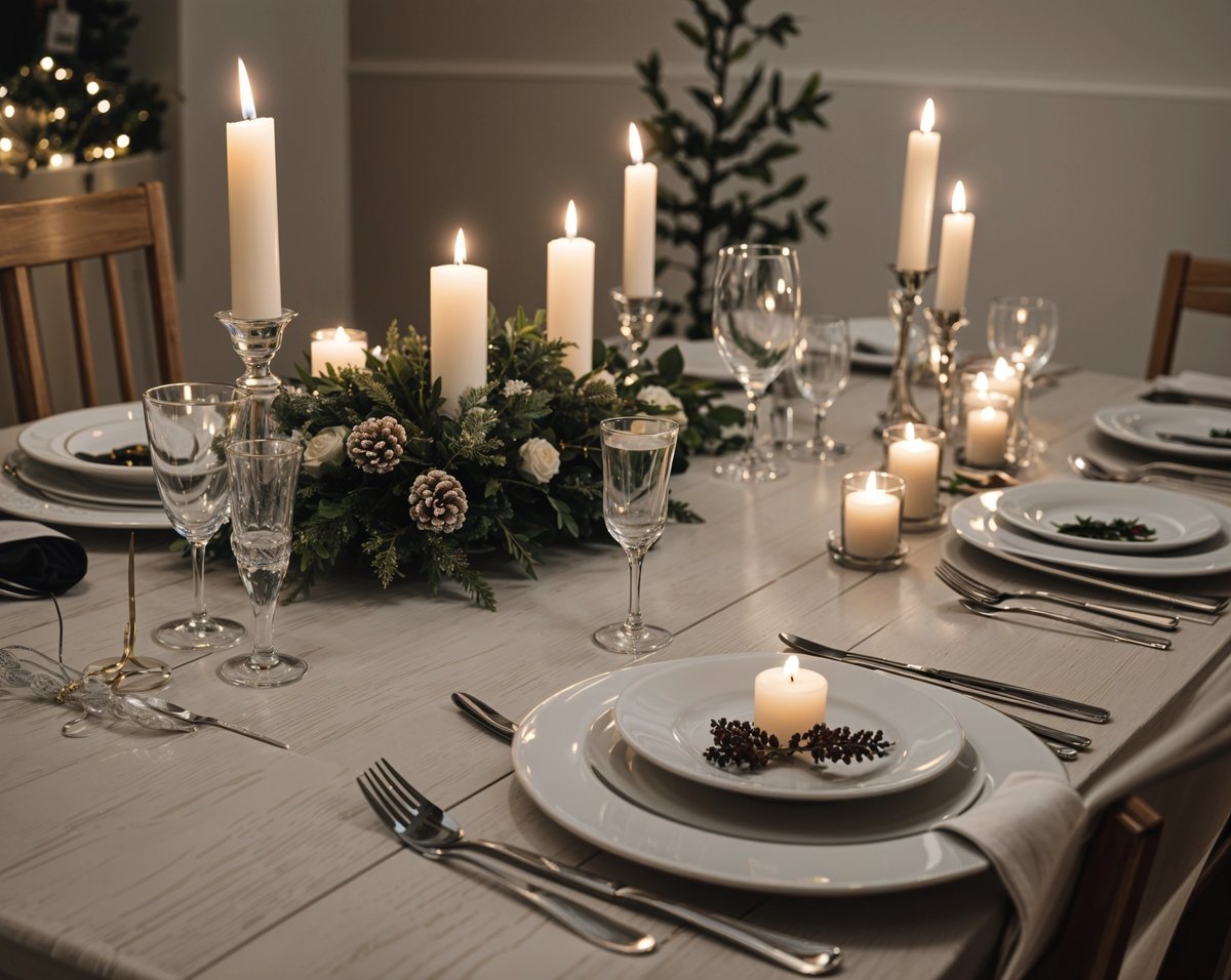 A dinner table set with candles, plates, and wine glasses. The table is adorned with a centerpiece of flowers and candles, creating a warm and inviting atmosphere for a romantic dinner.
